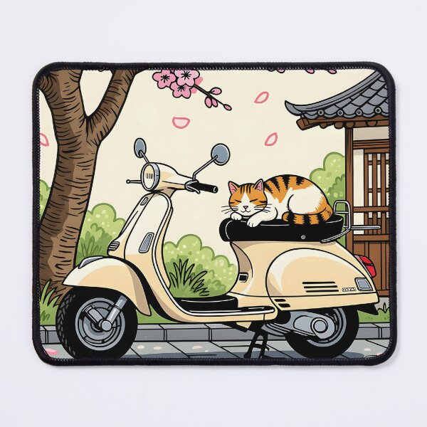 Item preview, A woodcut print style of a cat napping on a vintage scooter parked beside a blooming cherry blossom tree. designed and sold by Ponted.