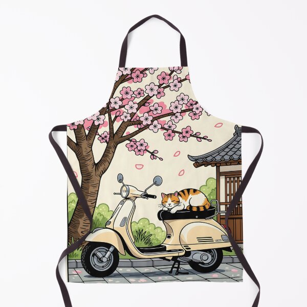 Item preview, A woodcut print style of a cat napping on a vintage scooter parked beside a blooming cherry blossom tree. designed and sold by Ponted.