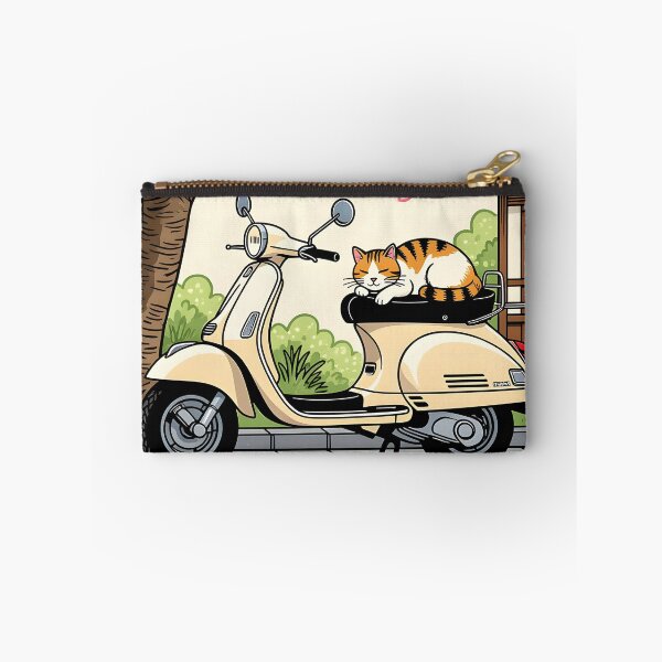 Item preview, A woodcut print style of a cat napping on a vintage scooter parked beside a blooming cherry blossom tree. designed and sold by Ponted.