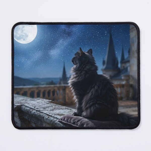 Item preview, Fluffy black cat looking at the full moon designed and sold by Purpleclomb.