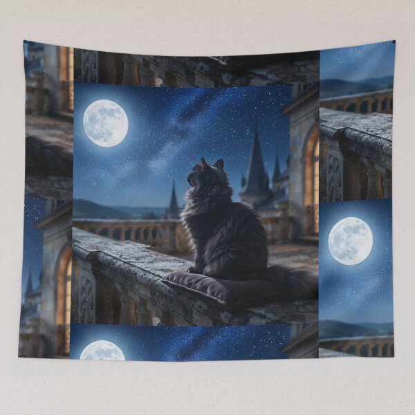 Item preview, Fluffy black cat looking at the full moon designed and sold by Purpleclomb.