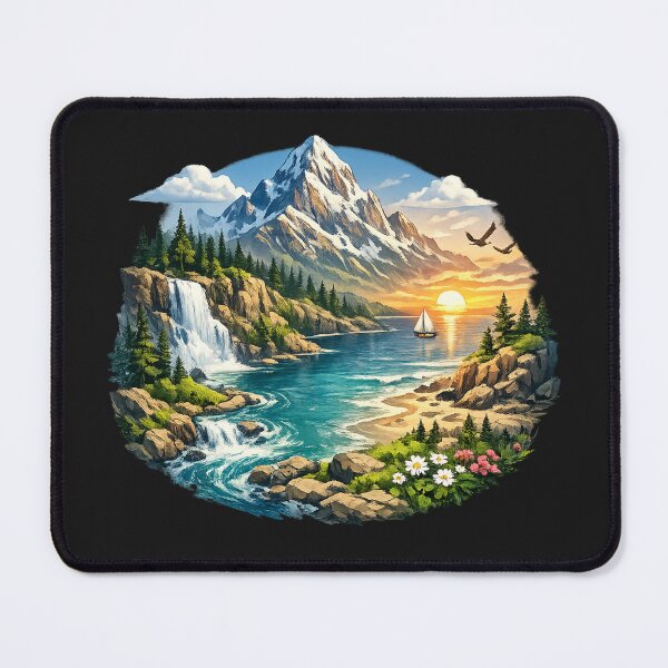 Item preview, Majestic Mountain, Waterfall & Ocean Sunset | Nature Landscape Illustration designed and sold by Mood Printz.