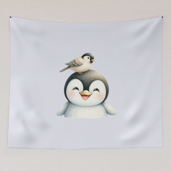 Item preview, Cute Happy Baby Penguin with Little Bird designed and sold by VibeShift Studio.