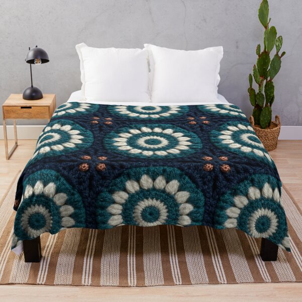 Item preview, Mandala Wool Crochet Square Cream Teal Navy designed and sold by LuisWorks.