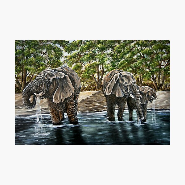 "Thirsty Elephants" - Oil Painting Photographic Print