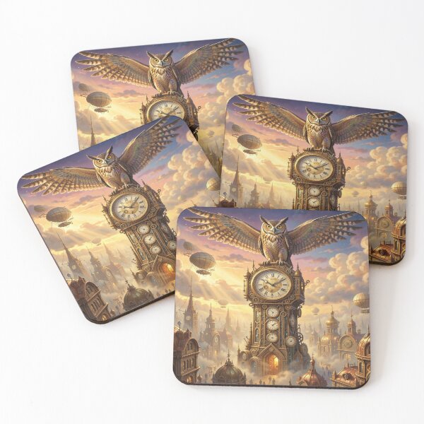 Item preview, Steampunk Owl on Brass Clocktower – Airships & Golden Sky designed and sold by FotoworldEdel.
