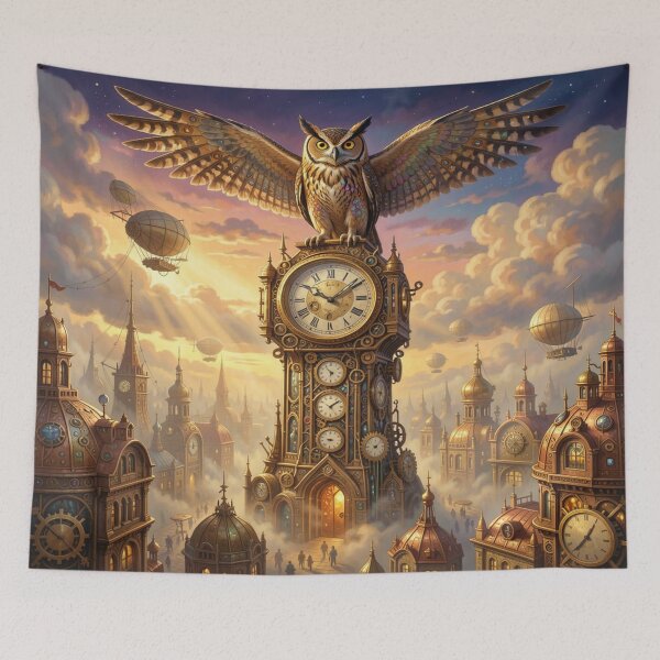 Item preview, Steampunk Owl on Brass Clocktower – Airships & Golden Sky designed and sold by FotoworldEdel.