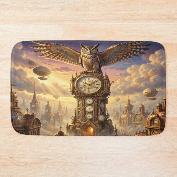 Item preview, Steampunk Owl on Brass Clocktower – Airships & Golden Sky designed and sold by FotoworldEdel.