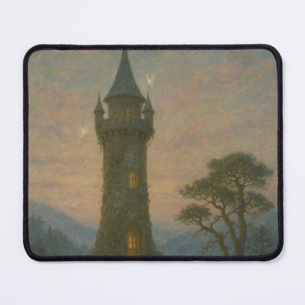 Item preview, Enchanted Forest Art | Mist-Encased Tower at Dawn | Fantasy Medieval Tower Art designed and sold by yeeted17.