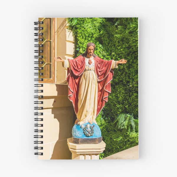 Item preview, Painted Jesus Statue With Sacred Heart Standing on Pedestal in Garden Near Church Window designed and sold by Nmallia.