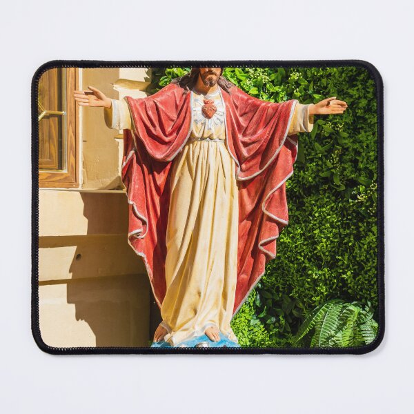 Item preview, Painted Jesus Statue With Sacred Heart Standing on Pedestal in Garden Near Church Window designed and sold by Nmallia.