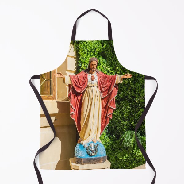 Item preview, Painted Jesus Statue With Sacred Heart Standing on Pedestal in Garden Near Church Window designed and sold by Nmallia.