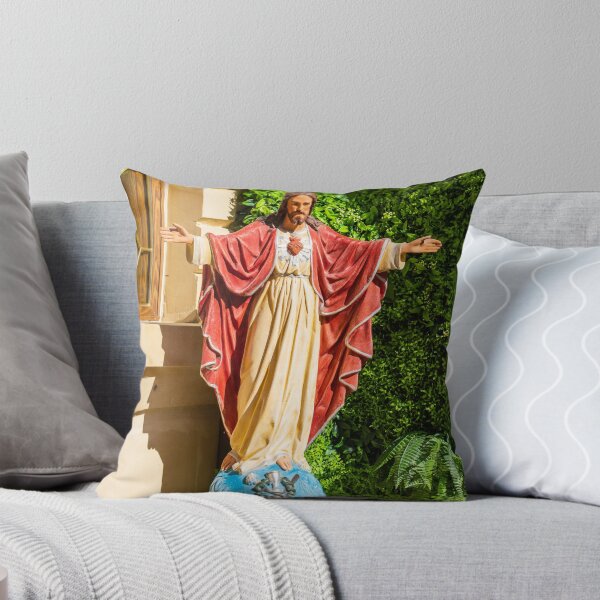 Item preview, Painted Jesus Statue With Sacred Heart Standing on Pedestal in Garden Near Church Window designed and sold by Nmallia.