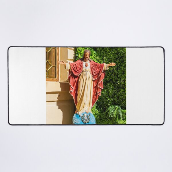 Item preview, Painted Jesus Statue With Sacred Heart Standing on Pedestal in Garden Near Church Window designed and sold by Nmallia.