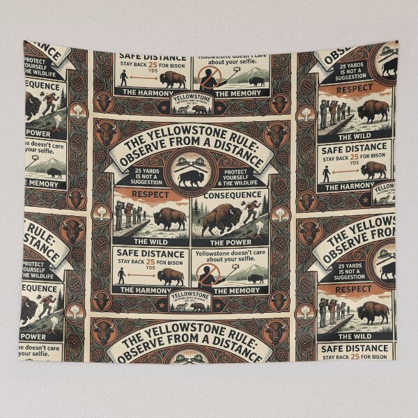 Item preview, The Yellowstone Rule Vintage Infographic T-Shirt | Funny Bison Attack 4-Panel Poster | Observe From A Distance Retro Guide | Yellowstone Doesn't Care About Your Selfie Graphic designed and sold by SergioMiklos.