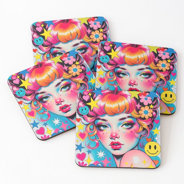 Item preview, Colorful Pop Art Girl with Pink Hair, Stars, Hearts & Smiley Faces designed and sold by HappyOops.