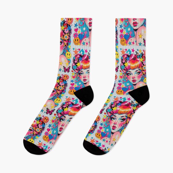 Item preview, Colorful Pop Art Girl with Pink Hair, Stars, Hearts & Smiley Faces designed and sold by HappyOops.
