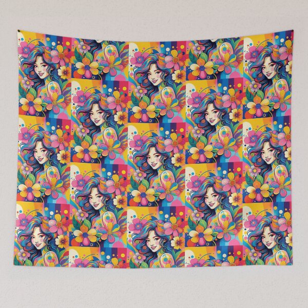Item preview, Colorful Floral Girl – Vibrant Rainbow Pop Art Portrait designed and sold by HappyOops.