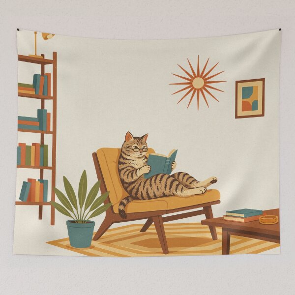 Item preview, Mid Century Reading Cat Poster | Retro 1950s Modern Book Lover Wall Art | Vintage MCM Cat Illustration designed and sold by Tamas Das.