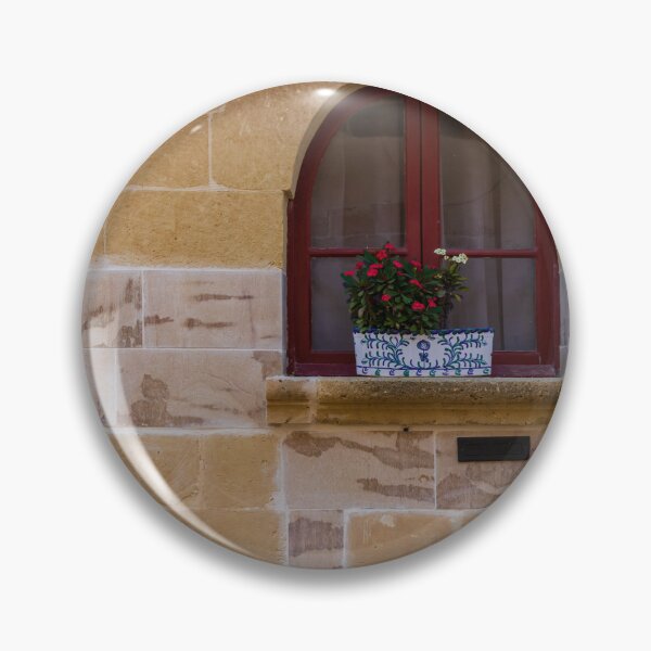 Item preview, Arched Red Window With Flower Planter on Sunlit Stone Wall in Rustic Mediterranean Street designed and sold by Nmallia.