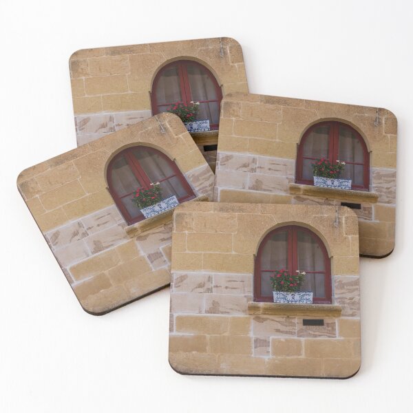 Item preview, Arched Red Window With Flower Planter on Sunlit Stone Wall in Rustic Mediterranean Street designed and sold by Nmallia.