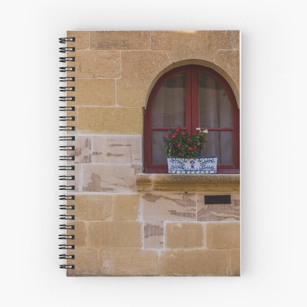 Item preview, Arched Red Window With Flower Planter on Sunlit Stone Wall in Rustic Mediterranean Street designed and sold by Nmallia.