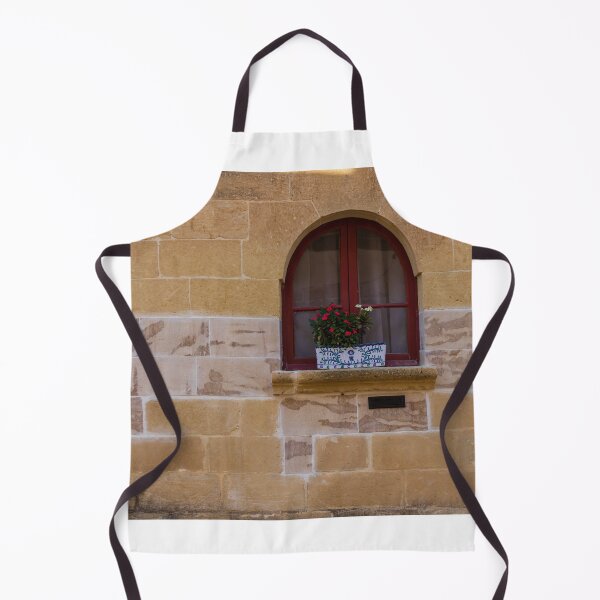 Item preview, Arched Red Window With Flower Planter on Sunlit Stone Wall in Rustic Mediterranean Street designed and sold by Nmallia.