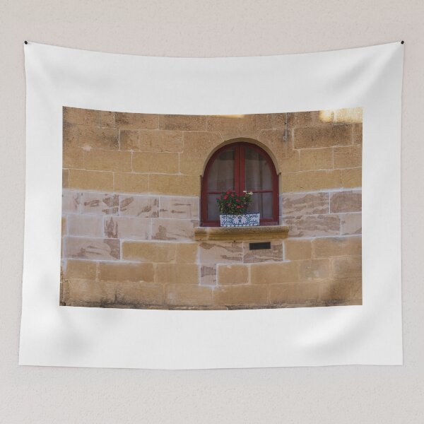 Item preview, Arched Red Window With Flower Planter on Sunlit Stone Wall in Rustic Mediterranean Street designed and sold by Nmallia.