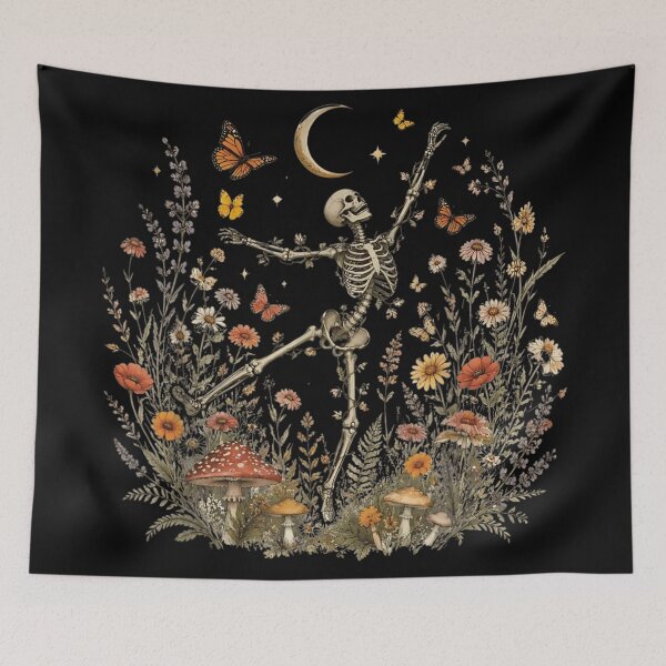 Item preview, Dancing Skeleton Among Wildflowers Beneath Moonlit Butterflies designed and sold by Daisy Grimes.
