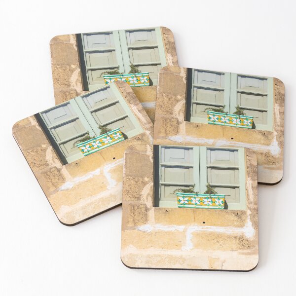 Item preview,  Pastel Green Window With Decorative Ceramic Planter On Rustic Mediterranean Stone Wall In Sunlight designed and sold by Nmallia.