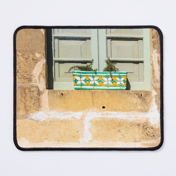 Item preview,  Pastel Green Window With Decorative Ceramic Planter On Rustic Mediterranean Stone Wall In Sunlight designed and sold by Nmallia.