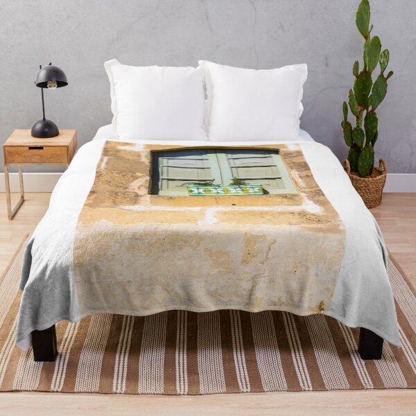 Item preview, Pastel Green Window With Decorative Ceramic Planter On Rustic Mediterranean Stone Wall In Sunlight designed and sold by Nmallia.
