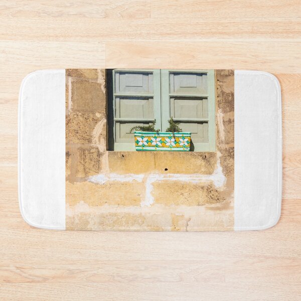 Item preview,  Pastel Green Window With Decorative Ceramic Planter On Rustic Mediterranean Stone Wall In Sunlight designed and sold by Nmallia.