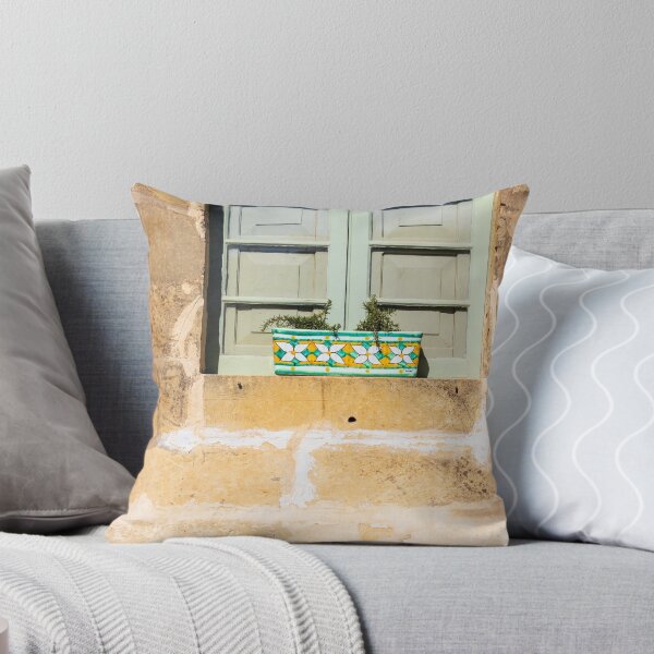 Item preview,  Pastel Green Window With Decorative Ceramic Planter On Rustic Mediterranean Stone Wall In Sunlight designed and sold by Nmallia.