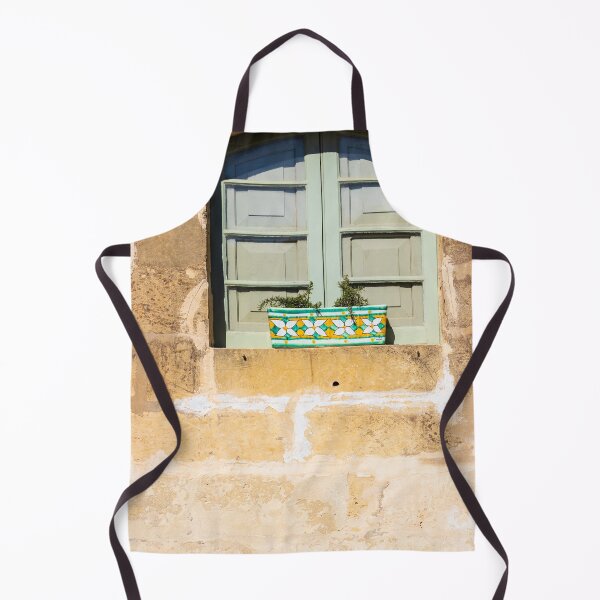 Item preview, Pastel Green Window With Decorative Ceramic Planter On Rustic Mediterranean Stone Wall In Sunlight designed and sold by Nmallia.