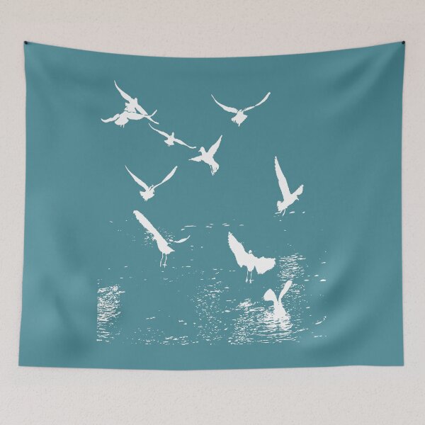 Item preview, White Silhouette Of A Flock Of Seagulls Scavenging designed and sold by taiche.