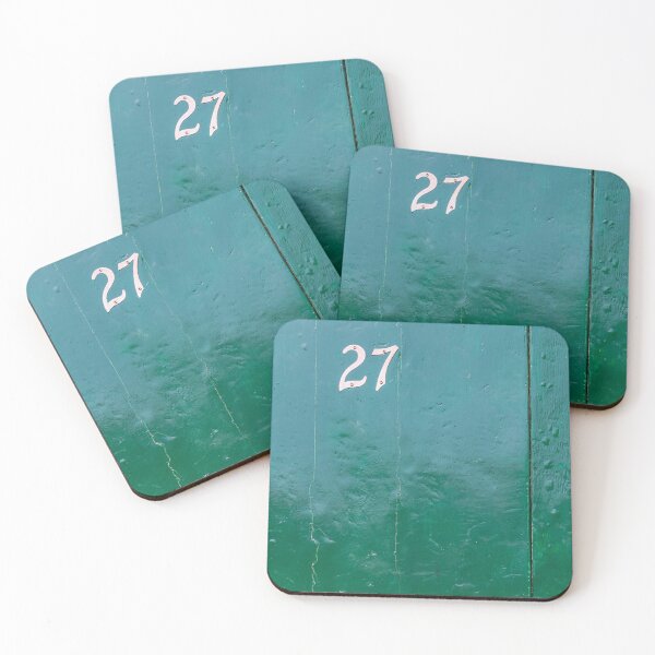 Item preview, Vintage Green Door With White Number 27 And Weathered Wood Texture In Sunlight designed and sold by Nmallia.