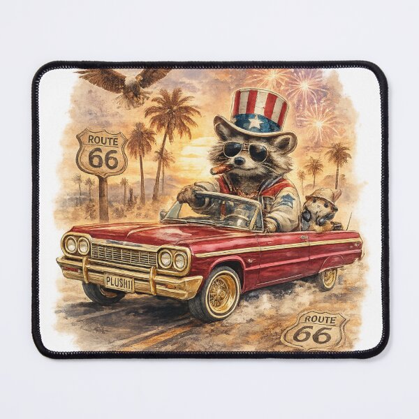 Item preview, Route 66 Raccoon Cruiser – Vintage Americana Lowrider Art by PLUSHI WORLD designed and sold by PLUSHIWORLDtm.