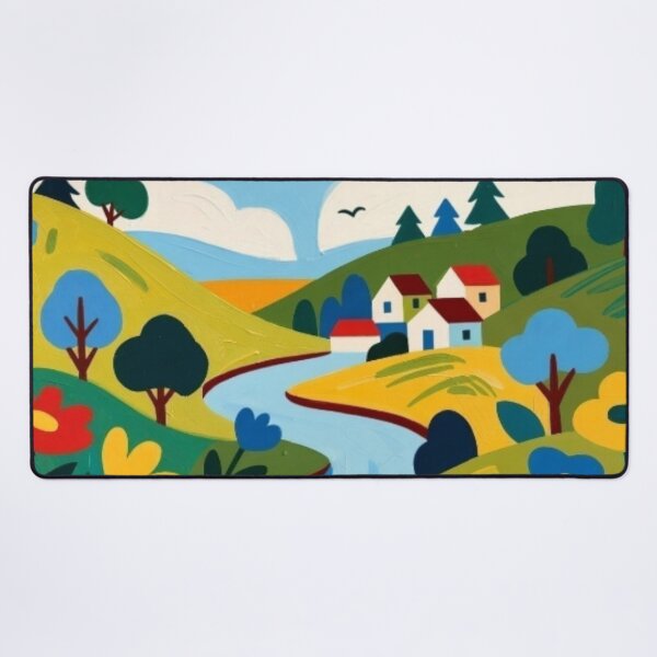 Item preview, Charming Folk Art Village - Whimsical River Landscape Painting designed and sold by Nexus Space.