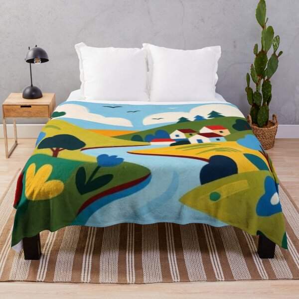 Item preview, Charming Folk Art Village - Whimsical River Landscape Painting designed and sold by Nexus Space.
