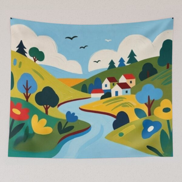 Item preview, Charming Folk Art Village - Whimsical River Landscape Painting designed and sold by Nexus Space.