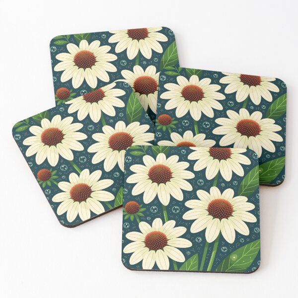 Item preview, White echinacea flowers covered in water droplets, backdrop of dark green leaves. designed and sold by Ponted.