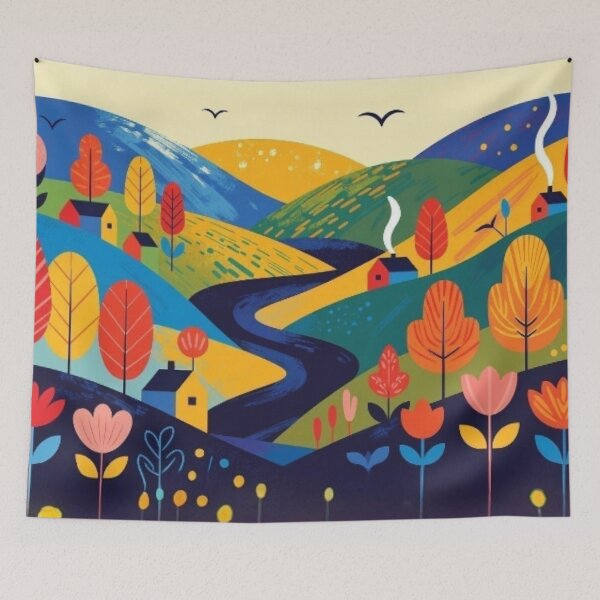Item preview, Folk Art Autumn Valley - Whimsical Country River Painting designed and sold by Nexus Space.