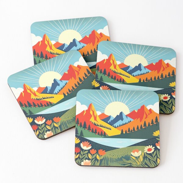 Item preview, Folk Art Mountain Sunrise - Whimsical Lake Nature Illustration designed and sold by Nexus Space.