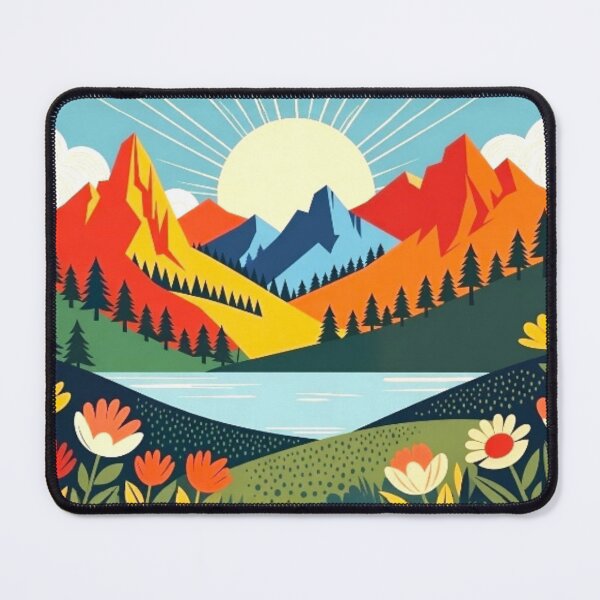 Item preview, Folk Art Mountain Sunrise - Whimsical Lake Nature Illustration designed and sold by Nexus Space.