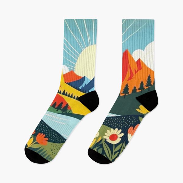Item preview, Folk Art Mountain Sunrise - Whimsical Lake Nature Illustration designed and sold by Nexus Space.