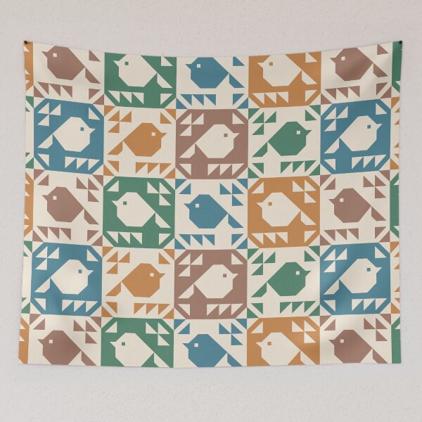 Item preview, Sparrows Quilt Blocks Green Orange Brown Petrol Blue  designed and sold by Pinkdeer Designs.