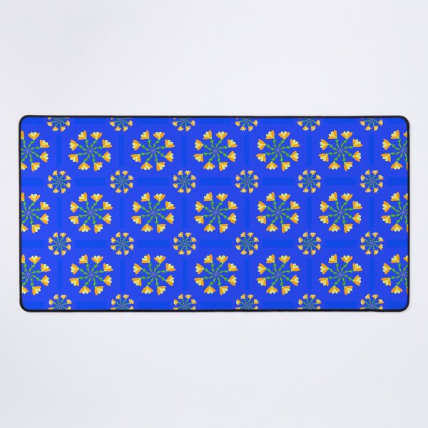 Item preview, Seamless Geometric Floral Pattern with Yellow Orange Flowers on Vibrant Blue Background, Decorative Abstract Botanical Surface Design designed and sold by AjjimaJKM.