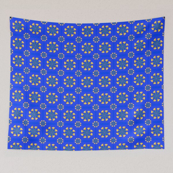Item preview, Seamless Geometric Floral Pattern with Yellow Orange Flowers on Vibrant Blue Background, Decorative Abstract Botanical Surface Design designed and sold by AjjimaJKM.