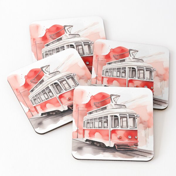 Item preview, Vintage Red Tram Watercolor Illustration designed and sold by MamaHome.